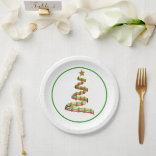 Abstrakter Red Green Gold Ribbon Weihnachtsbaum Pappteller
