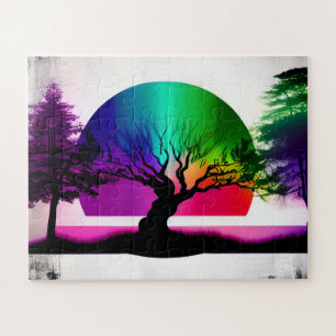 Abstrakter Regenbogen hinter den waldreichen Silho