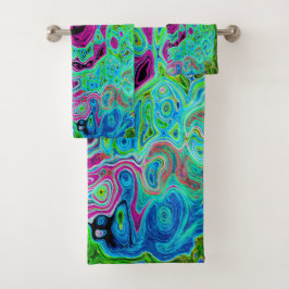 Abstrakter Retro-Swirl in Pink und Blau Groovy Badhandtuch Set