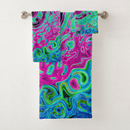 Abstrakter Retro-Swirl in Pink und Blau Groovy Badhandtuch Set