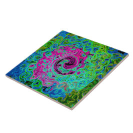 Abstrakter Retro-Swirl in Pink und Blau Groovy Fliese