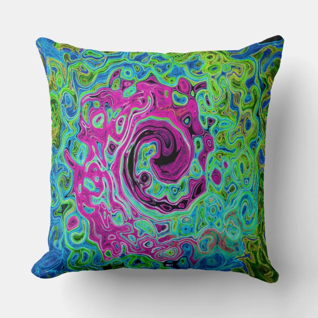 Abstrakter Retro-Swirl in Pink und Blau Groovy Kissen (Vorderseite)