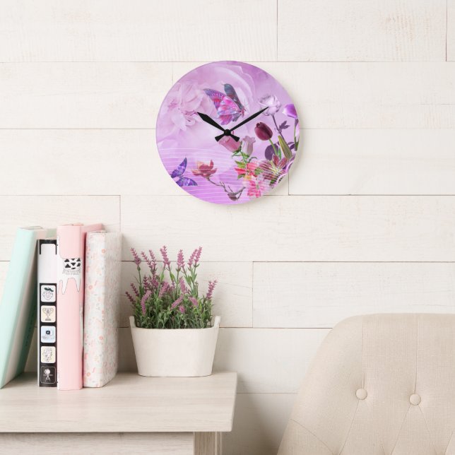 Abstrakter rosa Lila Niedlicher Schmetterling Große Wanduhr (Lesesaal)