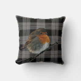 Abstrakter Rotkehlvogel auf schwarzem Tartan Kissen