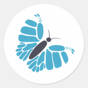 Abstrakter Schmetterling-Flugsticker, blau und sch Runder Aufkleber