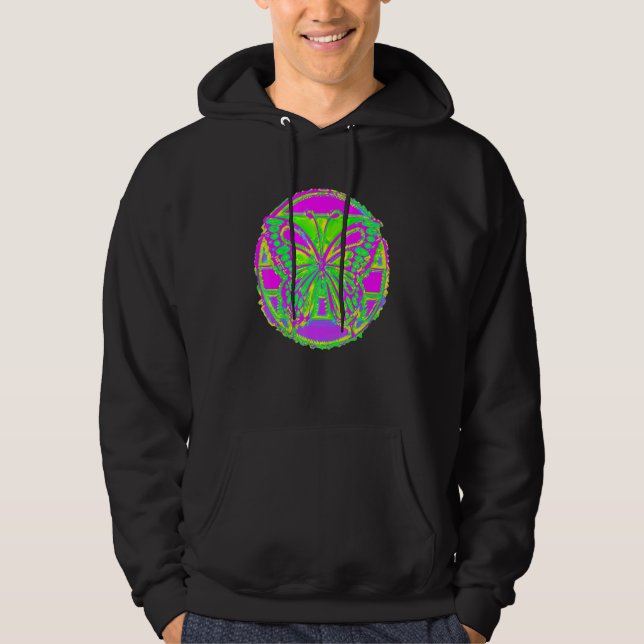 Abstrakter Schmetterlingskopf Rosa grüner gelber L Hoodie (Vorderseite)