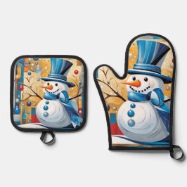 Abstrakter Schneemann Ofenhandschuh & Topflappen-Set
