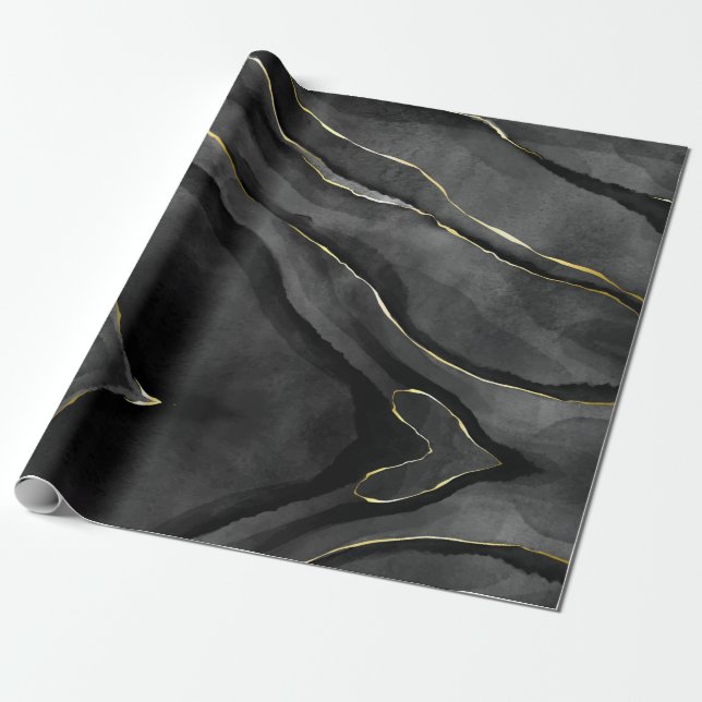 Abstrakter Schwarz-Gold-Agate-Marmorwirl Geschenkpapier (Ungerollt)