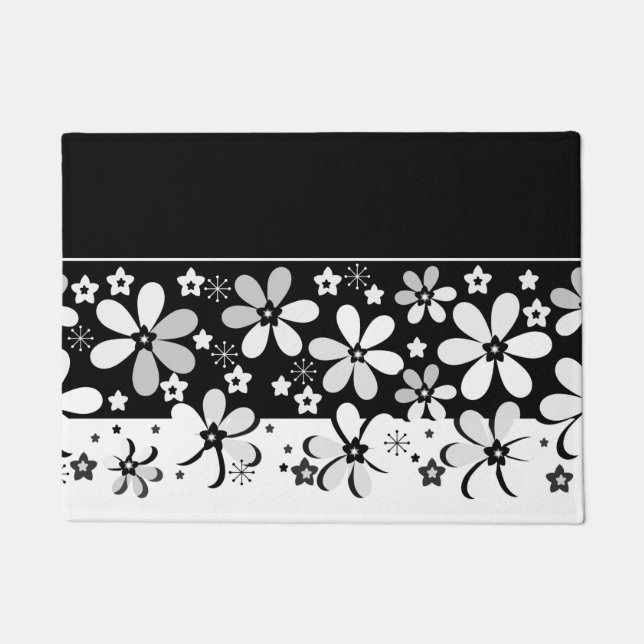 Abstrakter Schwarz-weißer Cartoon Blume Blumendesi Fußmatte (Vorderseite)
