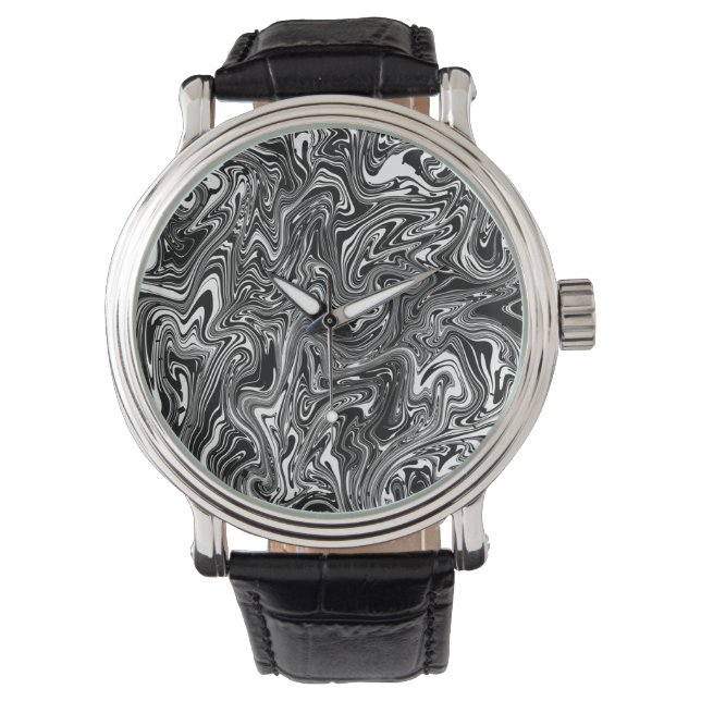 Abstrakter schwarzer und weißer Flüssig-Marmor Armbanduhr (Vorderseite)