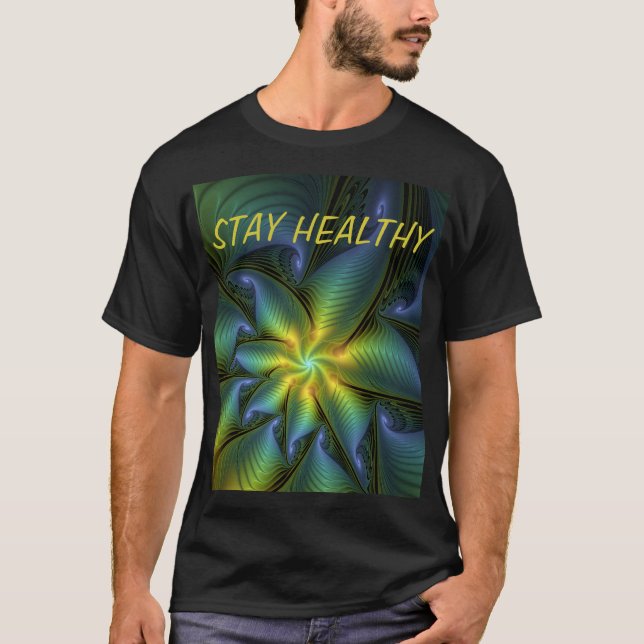 Abstrakter Shiny Blue Green Golden Fraktal Text T-Shirt (Vorderseite)