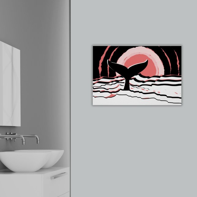 Abstrakter Sonnenuntergang Poster (Abstract Pink Sunset Silhouette of Whale Fin Ocean Poster, Bathroom)