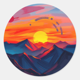 Abstrakter Sonnenuntergang über Bergen mit fiery Runder Aufkleber