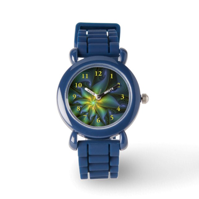 Abstrakter Stern, Shiny Blue Green Golden Fraktal  Armbanduhr (Vorderseite)