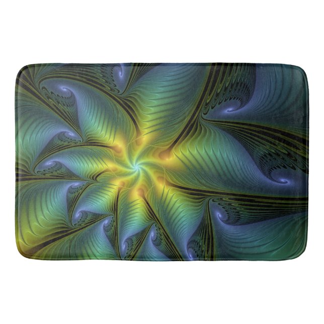 Abstrakter Stern, Shiny Blue Green Golden Fraktal  Badematte (Vorderseite)