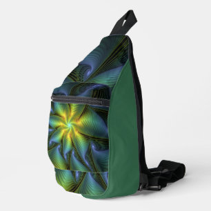 Abstrakter Stern, Shiny Blue Green Golden Fraktal Crossbody Bag