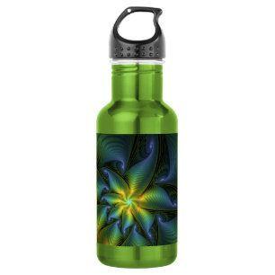 Abstrakter Stern, Shiny Blue Green Golden Fraktal  Edelstahlflasche