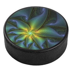 Abstrakter Stern, Shiny Blue Green Golden Fraktal Eishockey Puck