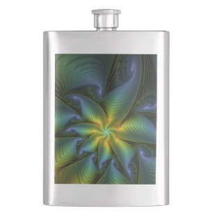 Abstrakter Stern, Shiny Blue Green Golden Fraktal Flachmann
