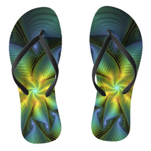 Abstrakter Stern, Shiny Blue Green Golden Fraktal  Flip Flops