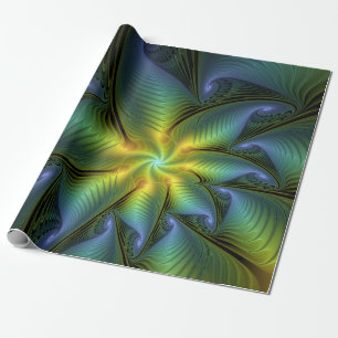 Abstrakter Stern, Shiny Blue Green Golden Fraktal Geschenkpapier