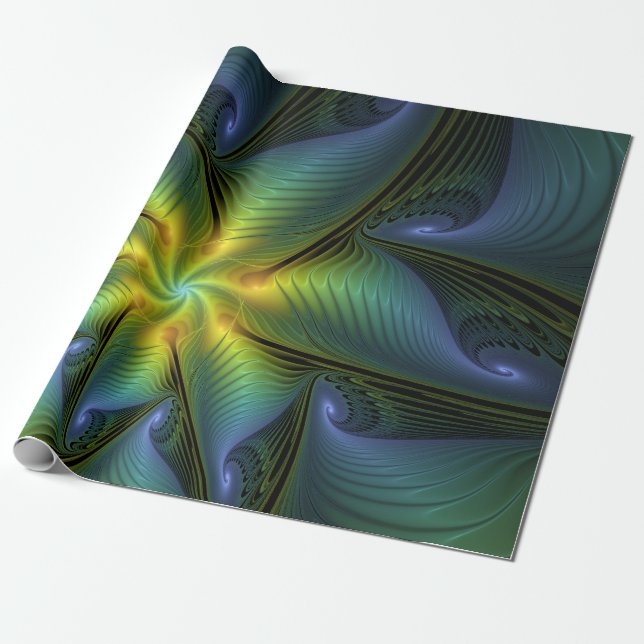 Abstrakter Stern, Shiny Blue Green Golden Fraktal  Geschenkpapier (Ungerollt)