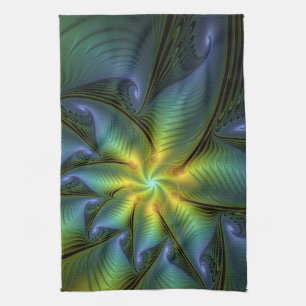 Abstrakter Stern, Shiny Blue Green Golden Fraktal  Geschirrtuch