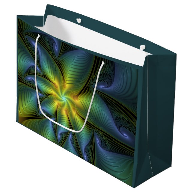 Abstrakter Stern, Shiny Blue Green Golden Fraktal  Große Geschenktüte (Vorderseite Schrägansicht)