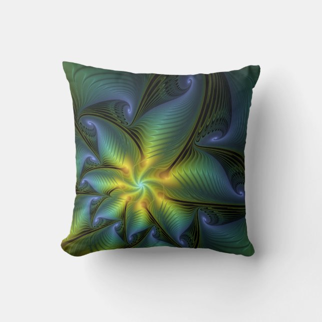 Abstrakter Stern, Shiny Blue Green Golden Fraktal  Kissen (Vorderseite)