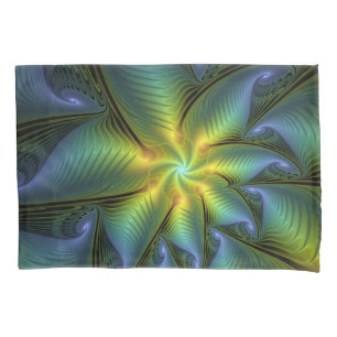 Abstrakter Stern, Shiny Blue Green Golden Fraktal  Kissenbezug