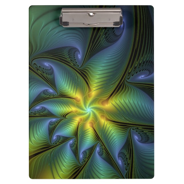 Abstrakter Stern, Shiny Blue Green Golden Fraktal  Klemmbrett (Vorderseite)