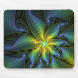 Abstrakter Stern, Shiny Blue Green Golden Fraktal Mousepad