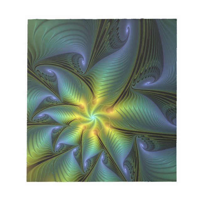 Abstrakter Stern, Shiny Blue Green Golden Fraktal  Notizblock (Vorderseite)