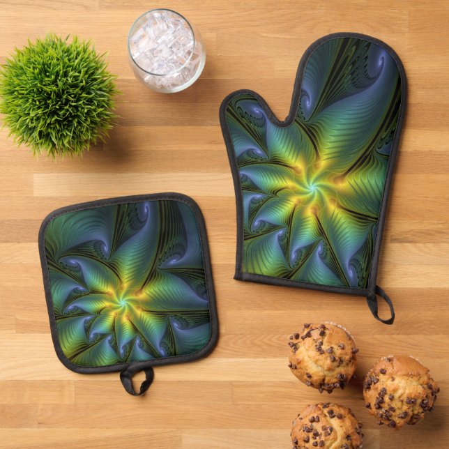 Abstrakter Stern, Shiny Blue Green Golden Fraktal  Ofenhandschuh & Topflappen-Set (Oben Unten)