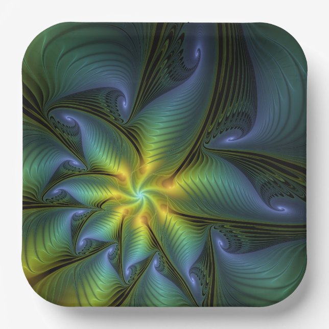 Abstrakter Stern, Shiny Blue Green Golden Fraktal  Pappteller (Vorderseite)