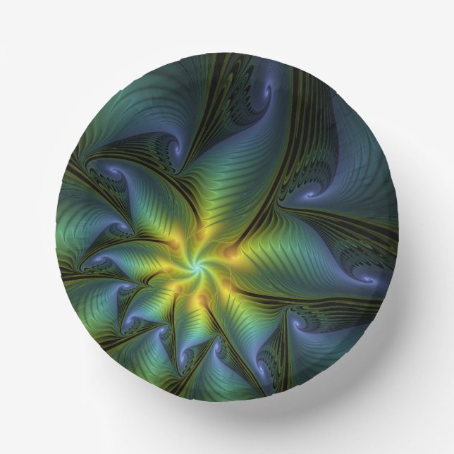 Abstrakter Stern, Shiny Blue Green Golden Fraktal  Pappteller (Vorderseite)