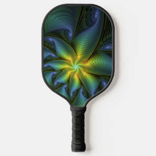 Abstrakter Stern, Shiny Blue Green Golden Fraktal Pickleball Schläger