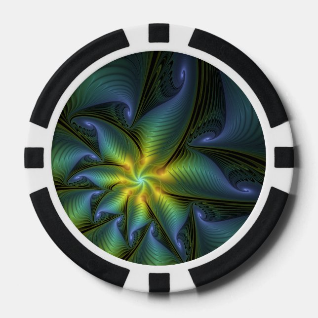 Abstrakter Stern, Shiny Blue Green Golden Fraktal  Pokerchips (Vorderseite)