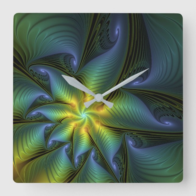 Abstrakter Stern, Shiny Blue Green Golden Fraktal  Quadratische Wanduhr (Vorderseite)