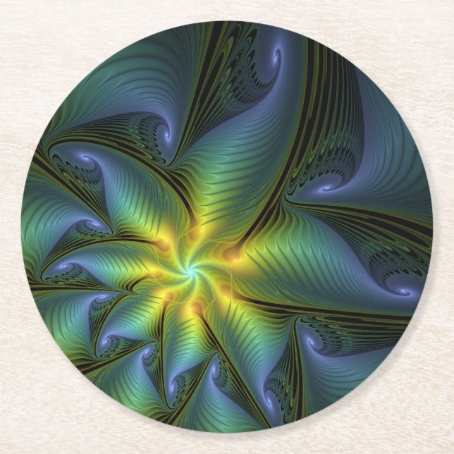 Abstrakter Stern, Shiny Blue Green Golden Fraktal  Runder Pappuntersetzer (Vorderseite)