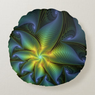 Abstrakter Stern, Shiny Blue Green Golden Fraktal Rundes Kissen