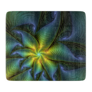 Abstrakter Stern, Shiny Blue Green Golden Fraktal Schneidebrett