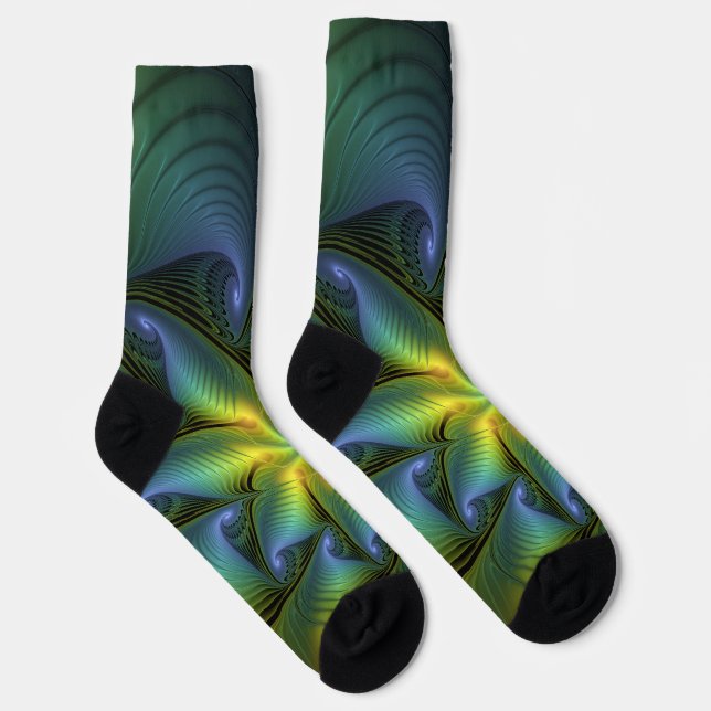 Abstrakter Stern, Shiny Blue Green Golden Fraktal  Socken (Rechts)