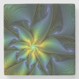 Abstrakter Stern, Shiny Blue Green Golden Fraktal Steinuntersetzer
