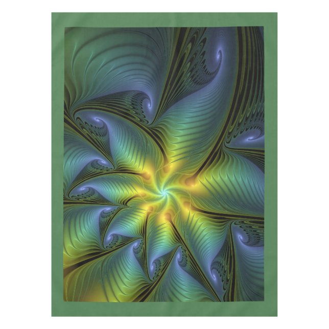 Abstrakter Stern, Shiny Blue Green Golden Fraktal  Tischdecke (Vorderseite)