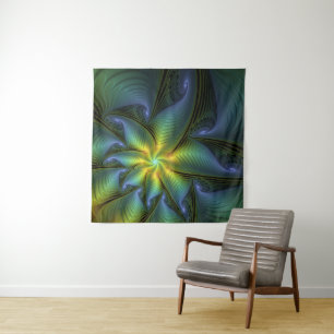 Abstrakter Stern, Shiny Blue Green Golden Fraktal  Wandteppich