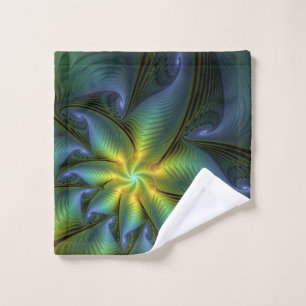 Abstrakter Stern, Shiny Blue Green Golden Fraktal Waschlappen
