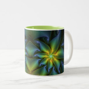Abstrakter Stern, Shiny Blue Green Golden Fraktal Zweifarbige Tasse