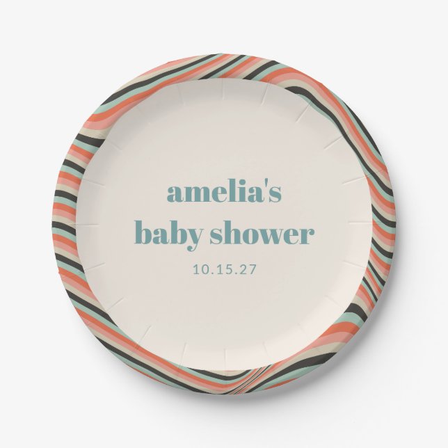 Abstrakter Streifen Aqua Peach Custom Baby Dusche Pappteller (Vorderseite)