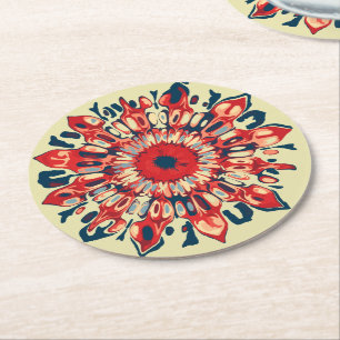 Abstrakter SUN FLOWER - rot blau + dein Backgr. Runder Pappuntersetzer
